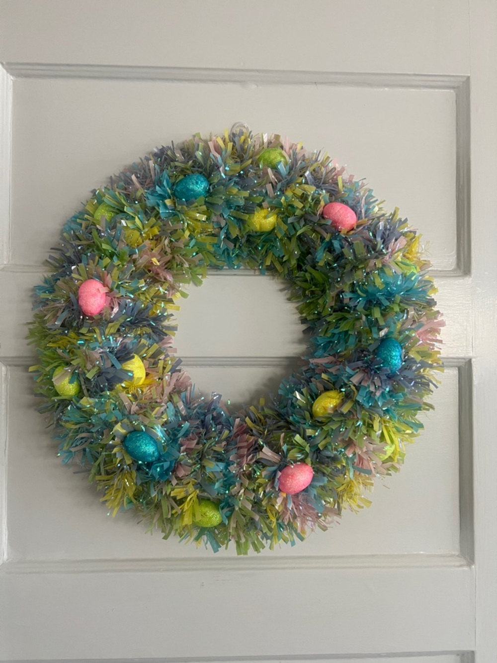Pastel Easter Tinsel Wreath with Decorative Eggs - Multi